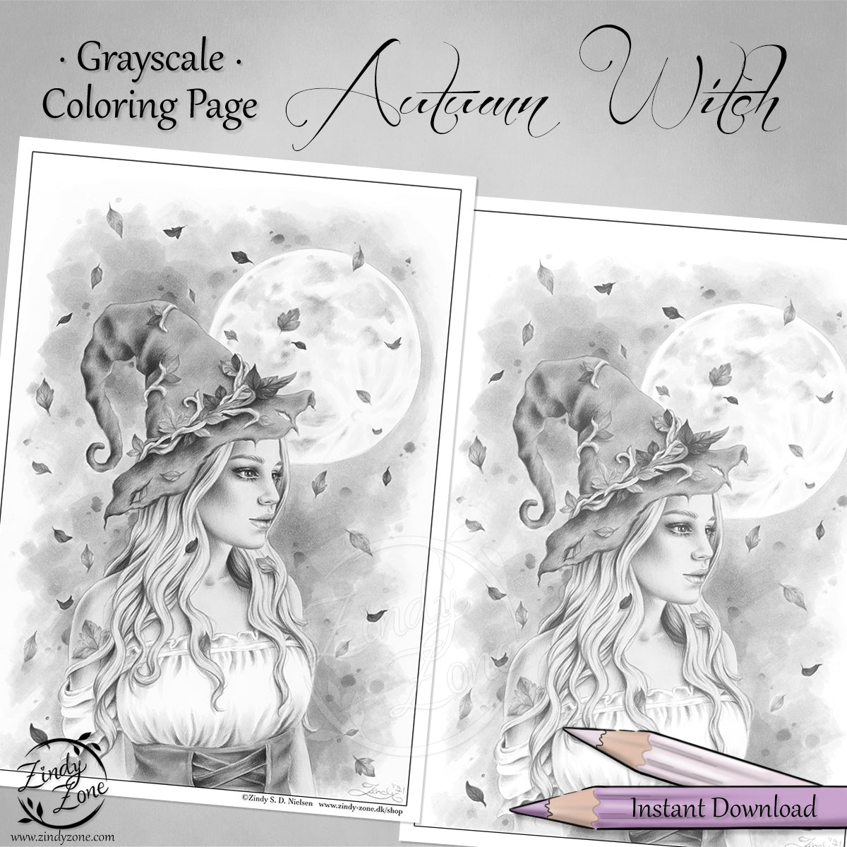 Autumn Witch Grayscale Coloring Page