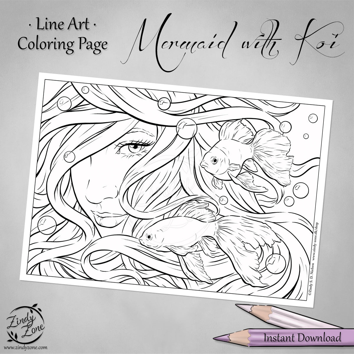 Gold Fish Mermaid Line Art Coloring Page