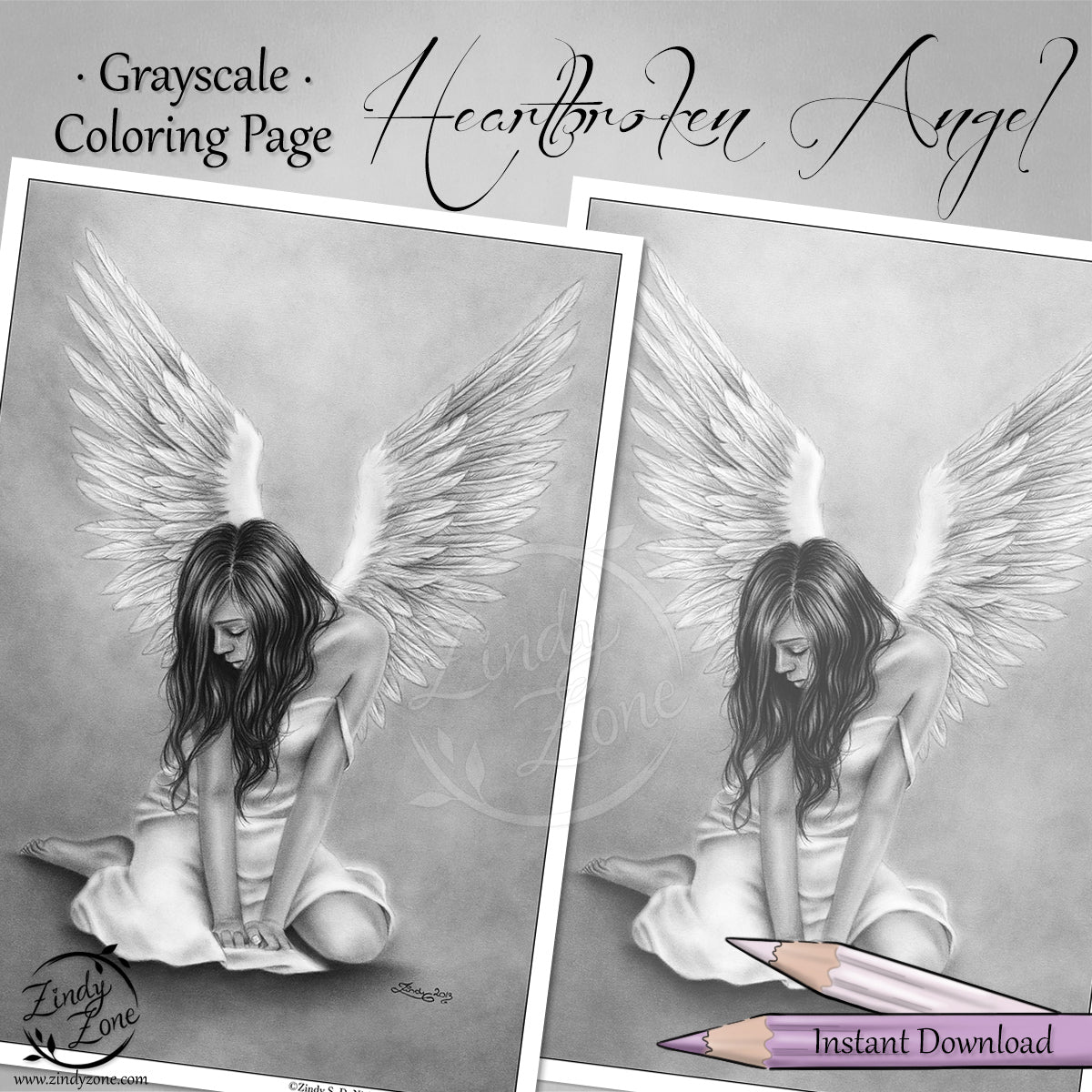 Heartbroken Angel Grayscale Coloring Page