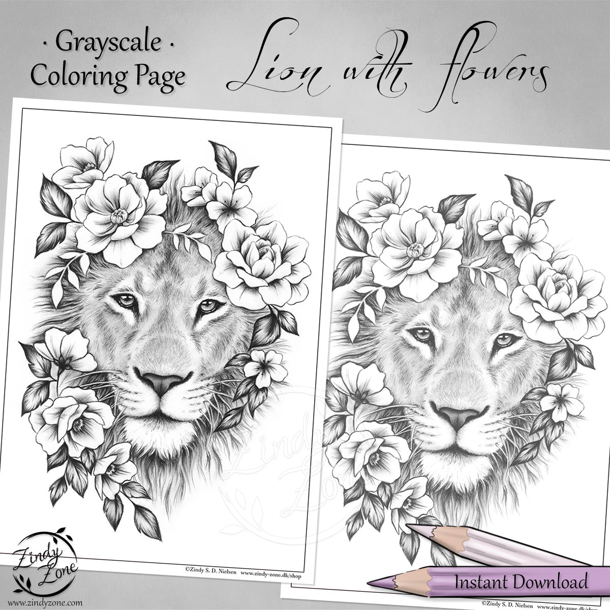 Lion with flowers Grayscale Coloring Page