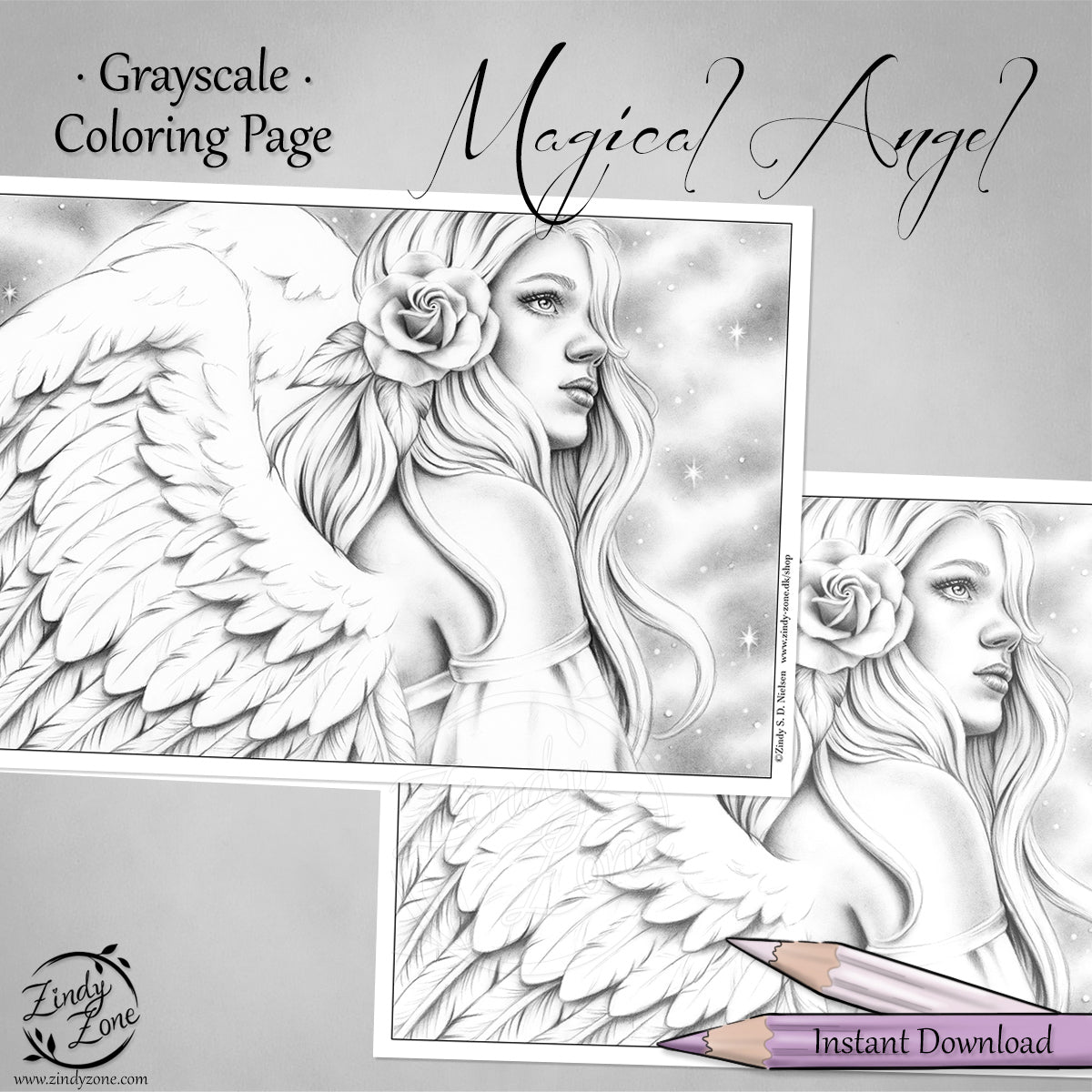 Magical Angel Grayscale Coloring Page