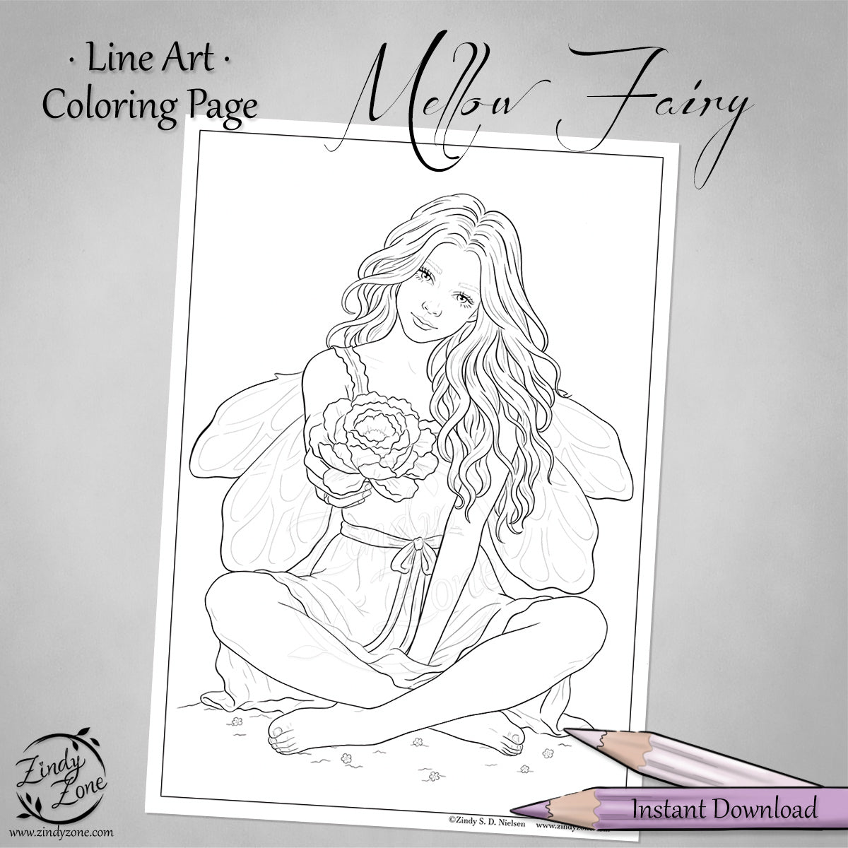 Mellow Peony Fairy Line Art Coloring Page