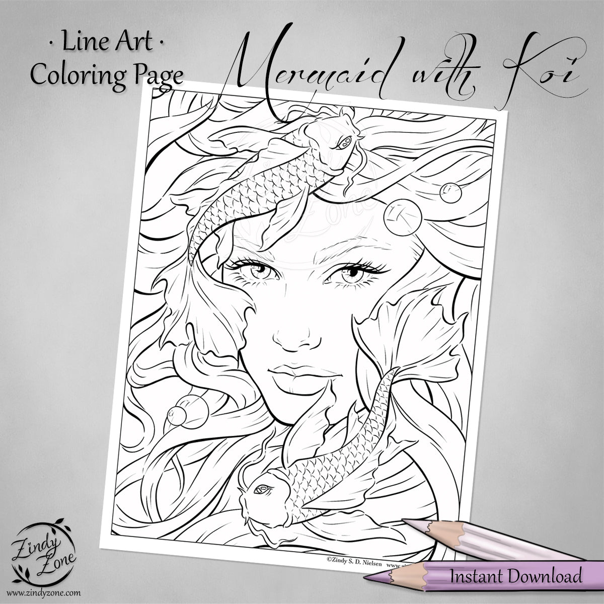 Mermaid Koi Fish Line Art Coloring Page