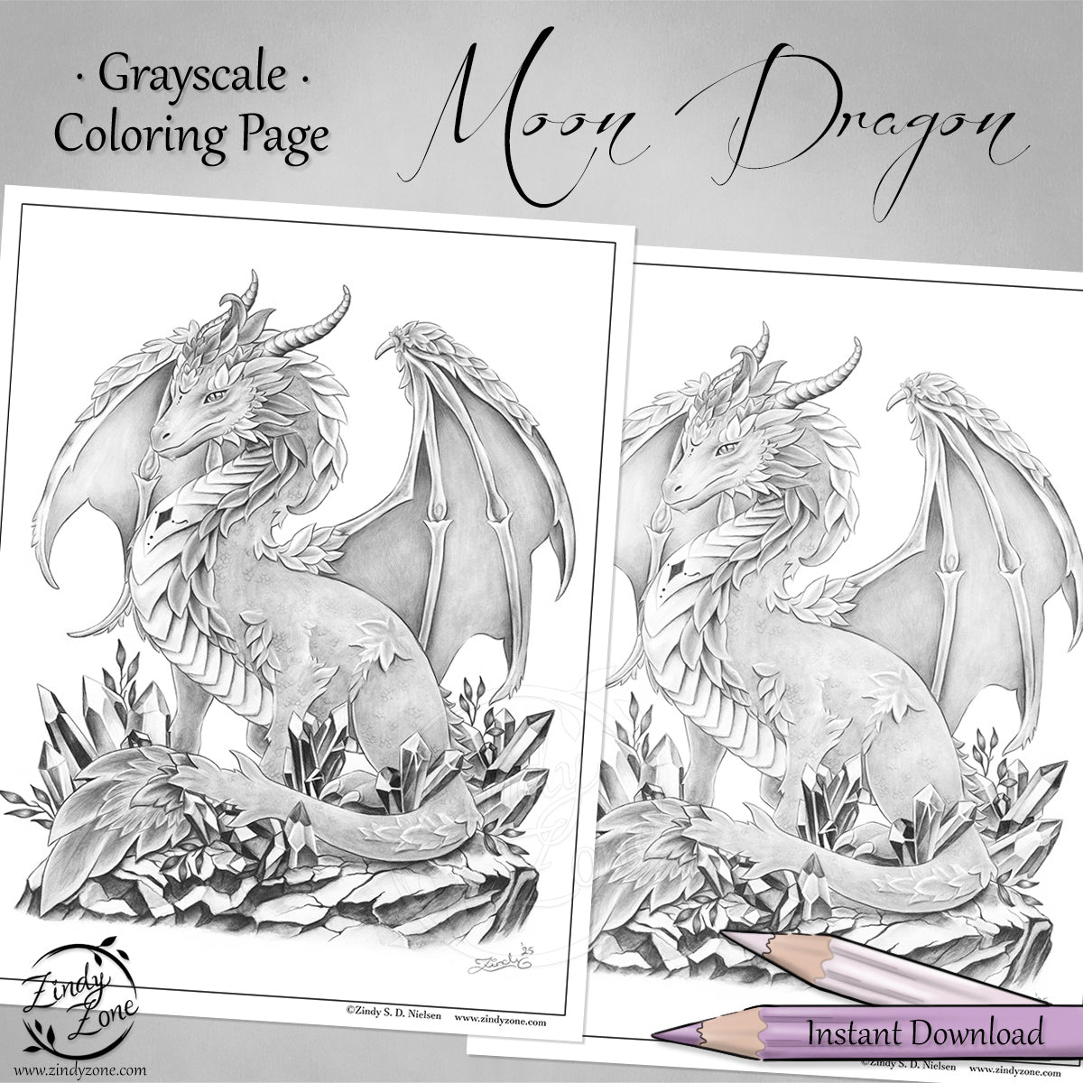 Moon Dragon Grayscale Coloring Page
