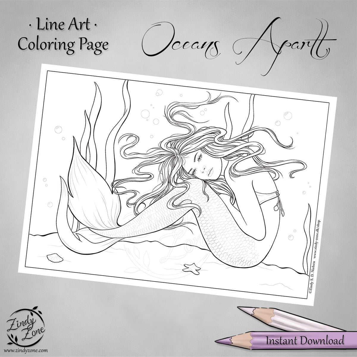 Oceans Apart Mermaid Line Art Coloring Page