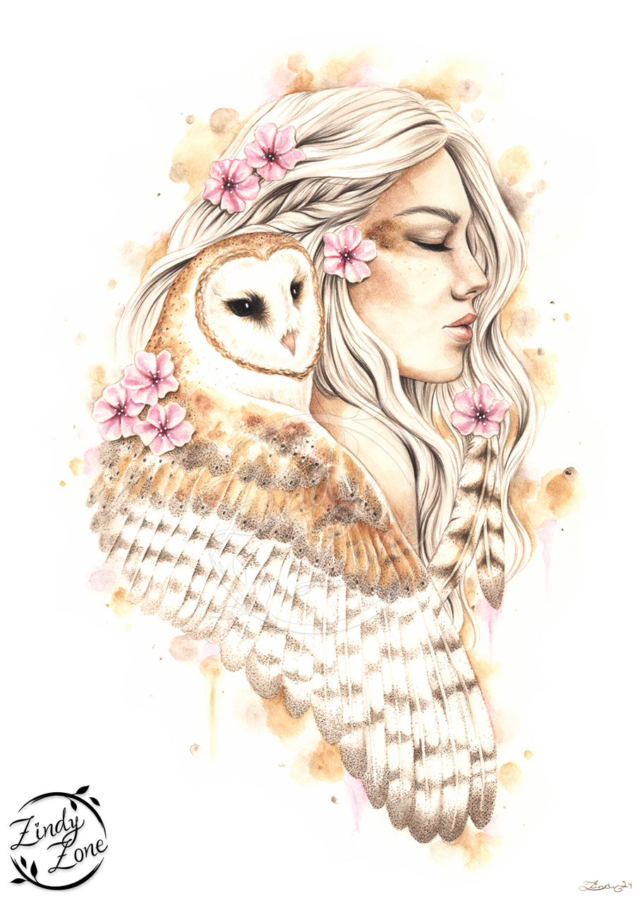 Owls in Blossom Drawing Original Artwork