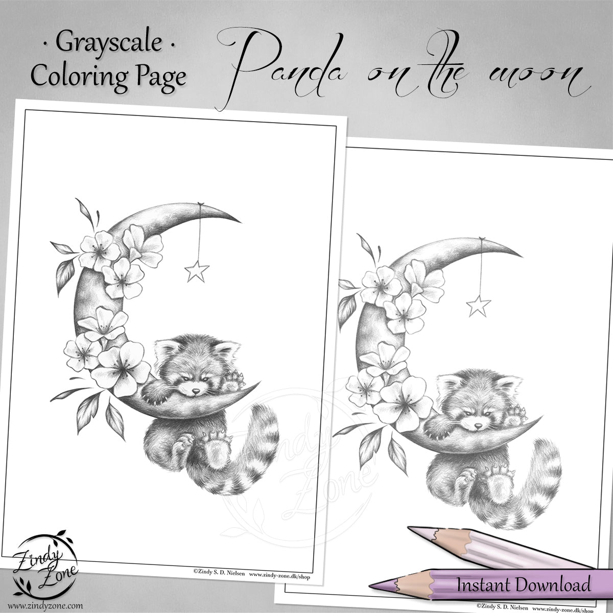 Panda on the moon Grayscale Coloring Page