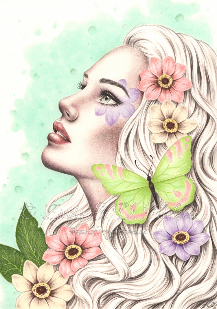 Spring Hope Girl with flowers and butterfly Original Artwork