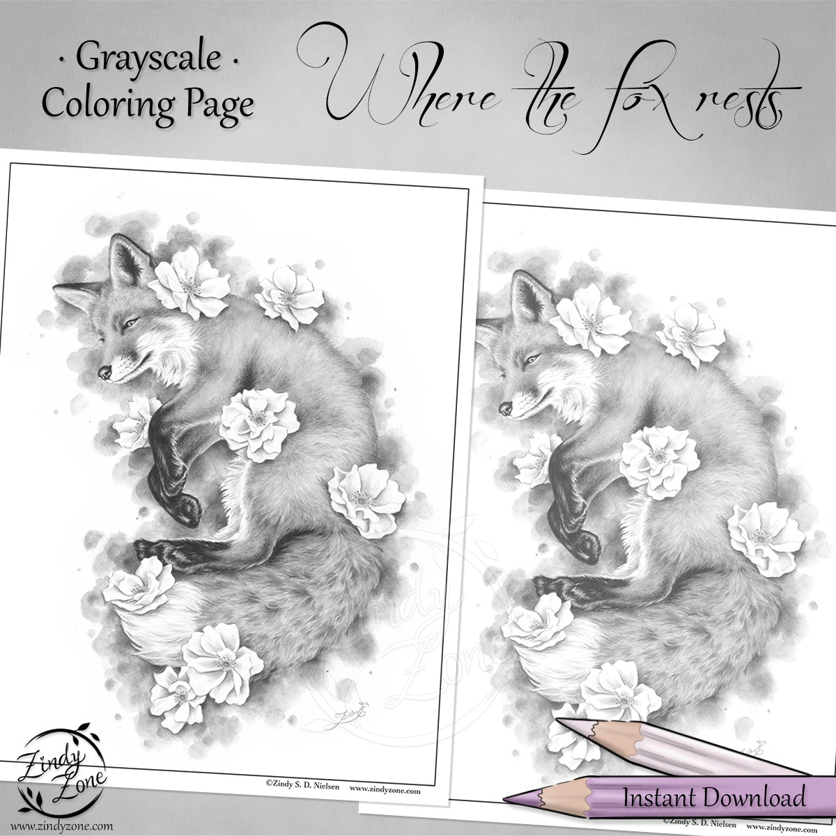 Where the fox rests Grayscale Coloring Page