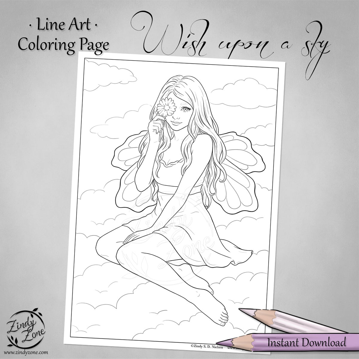 Wish upon a sky Fairy Line Art Coloring Page