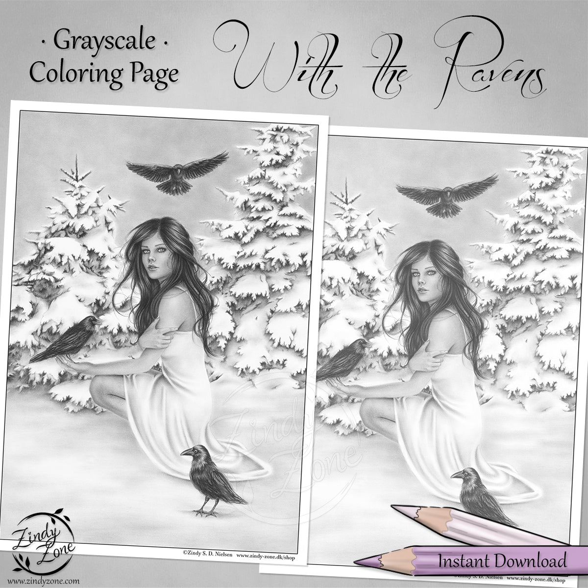 With the ravens Grayscale Coloring Page
