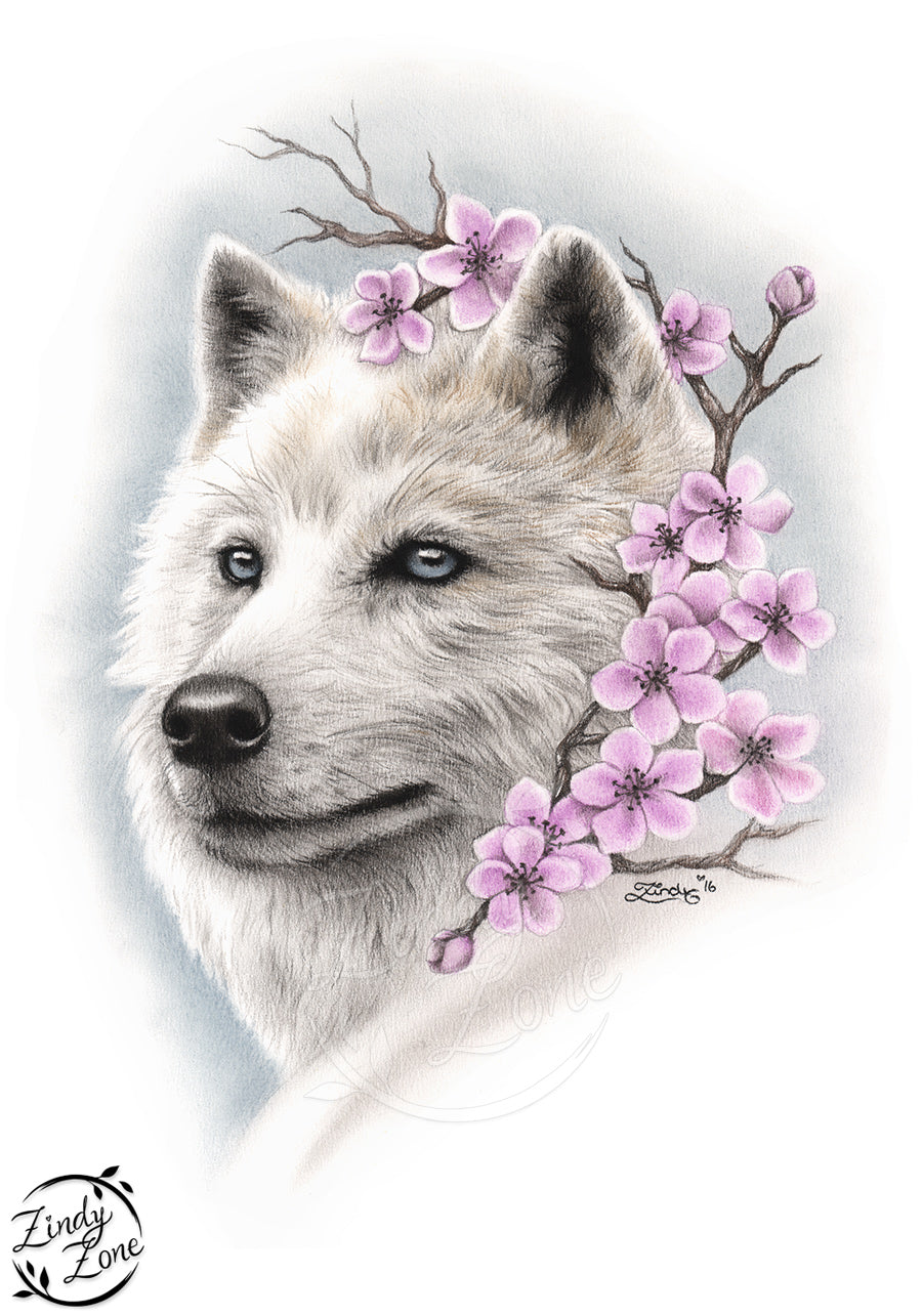 Cherry Blossom Wolf Grayscale Coloring Page