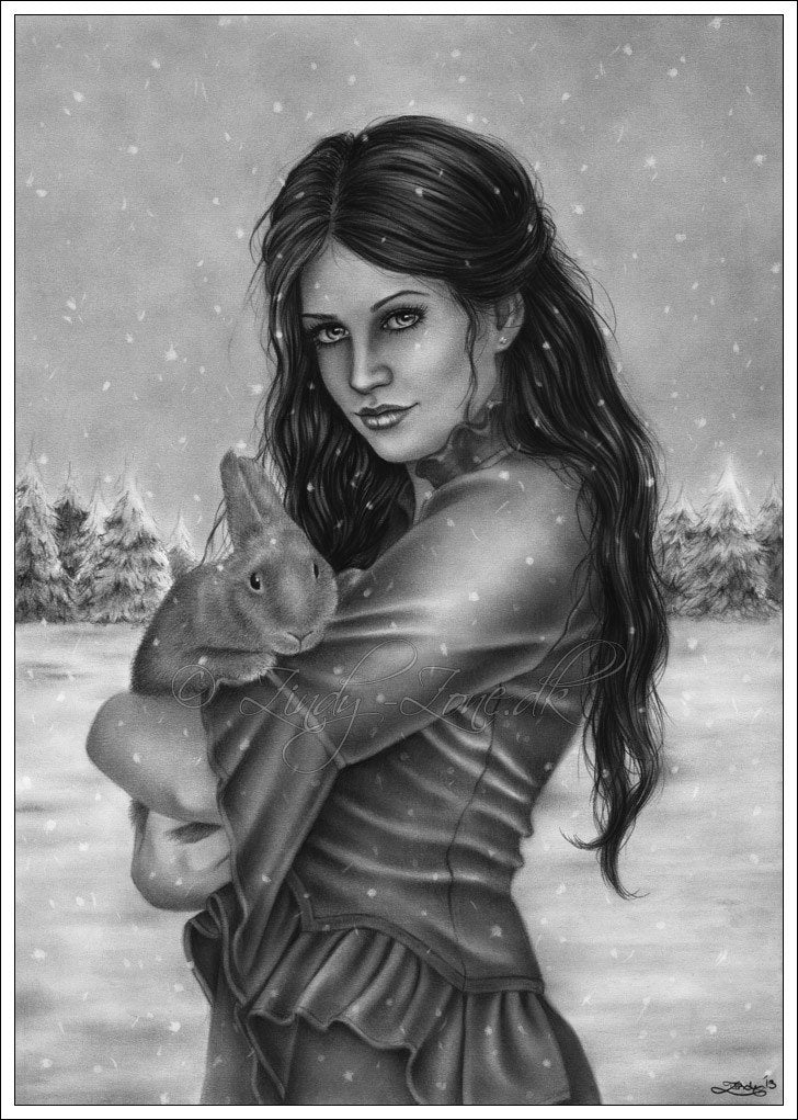 Eira Girl and Bunny Drawing Original Artwork