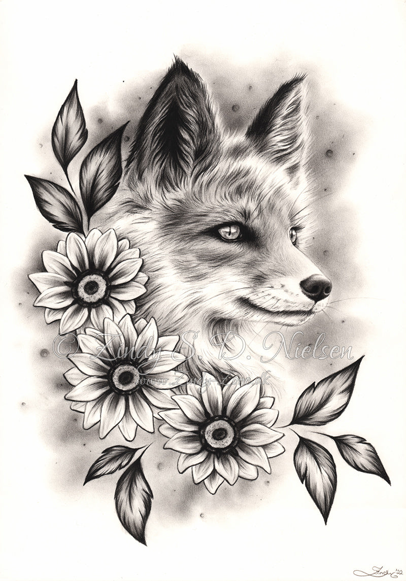 Fox with Flowers Drawing Original Artwork