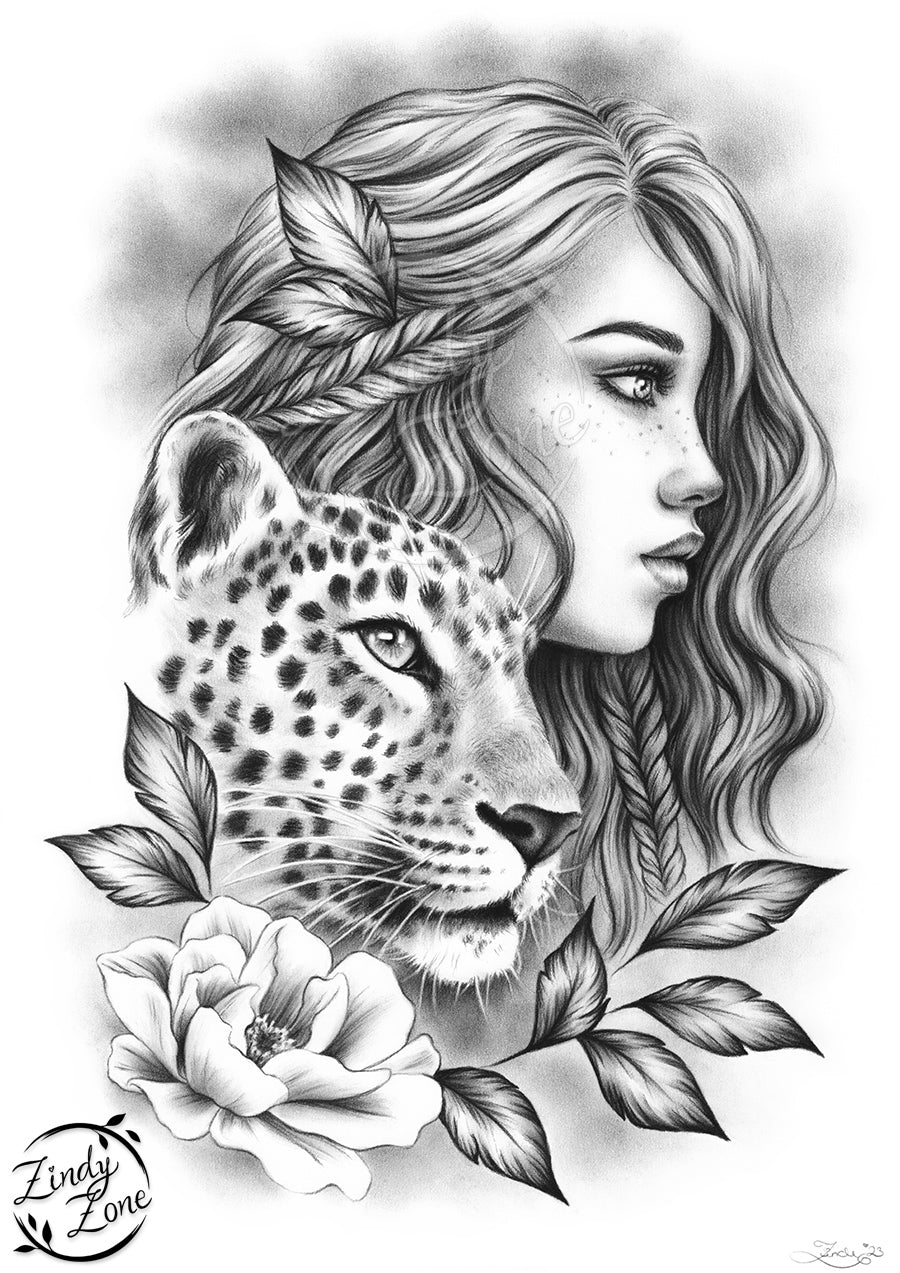 Freckled Souls Girl and Leopard Original Artwork