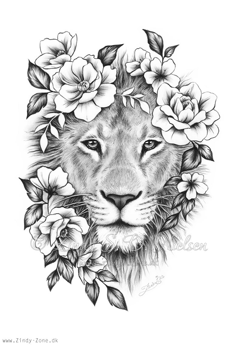 Lion with Flowers Drawing Original Artwork