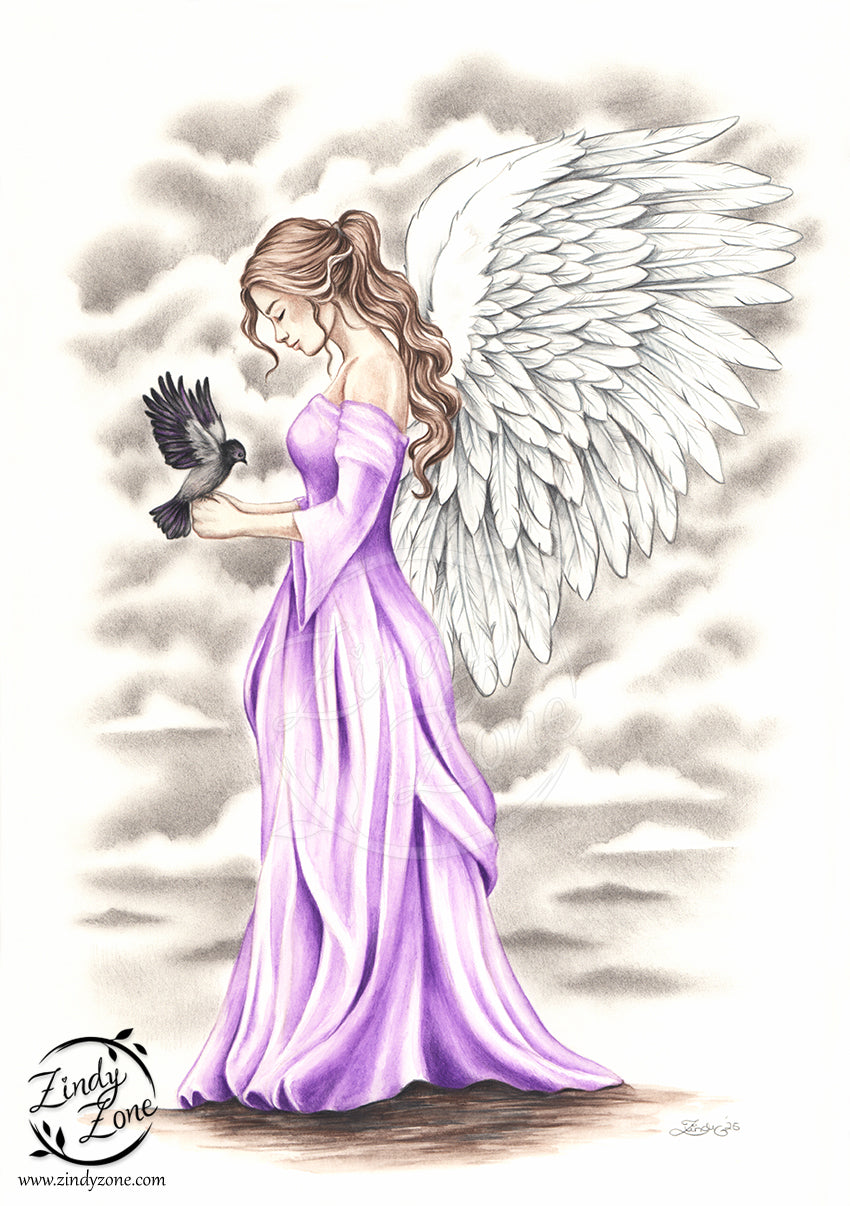 Purple Angel Grayscale Coloring Page