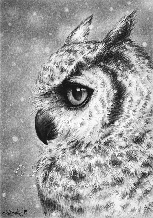 Snow Winter Owl Horned Original Artwork