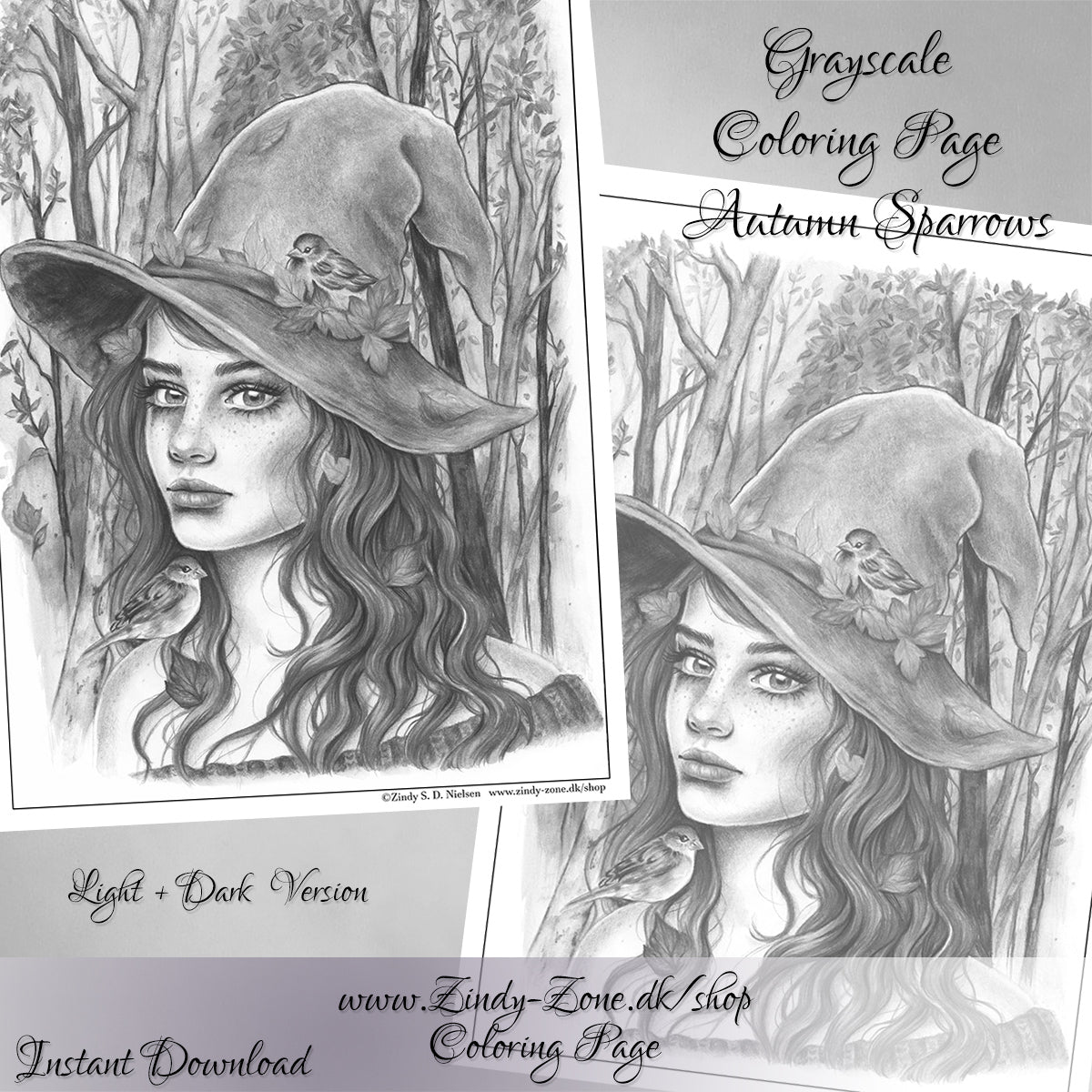 Autumn Sparrows Grayscale Coloring Page