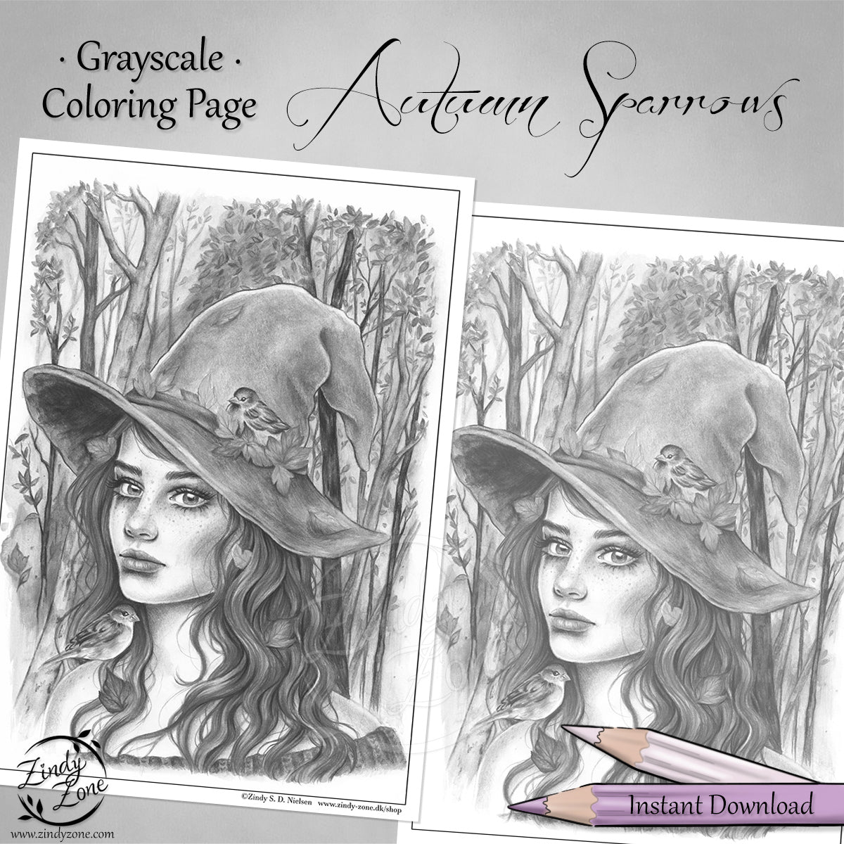 Autumn Sparrows Grayscale Coloring Page