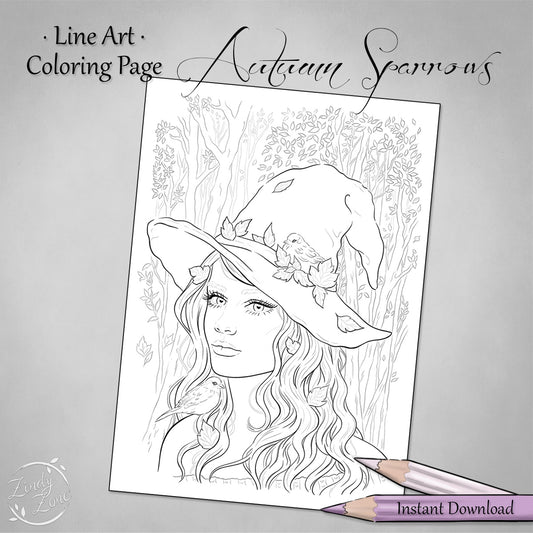 Autumn Sparrows Line Art Coloring Page