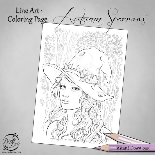 Autumn Sparrows Line Art Coloring Page