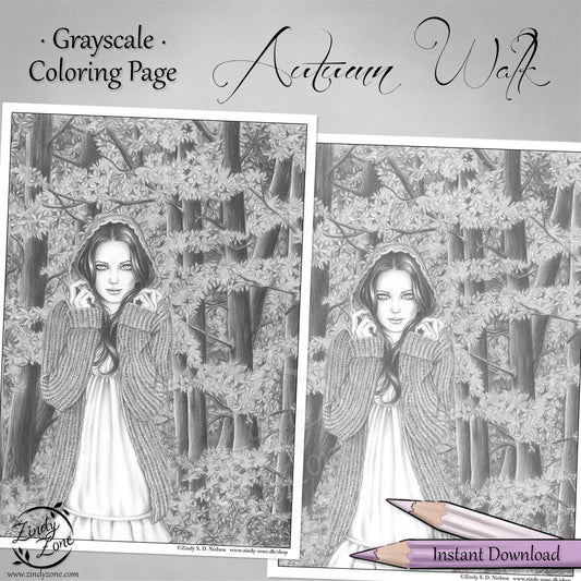 Autumn Walk Grayscale Coloring Page