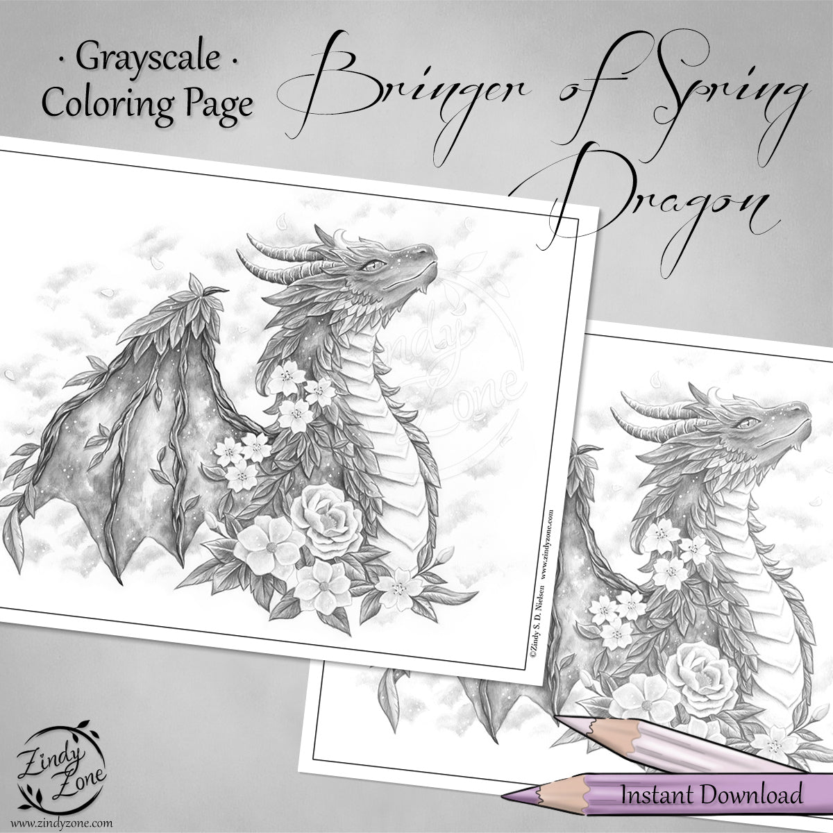 Bringer of Spring Dragon Grayscale Coloring Page