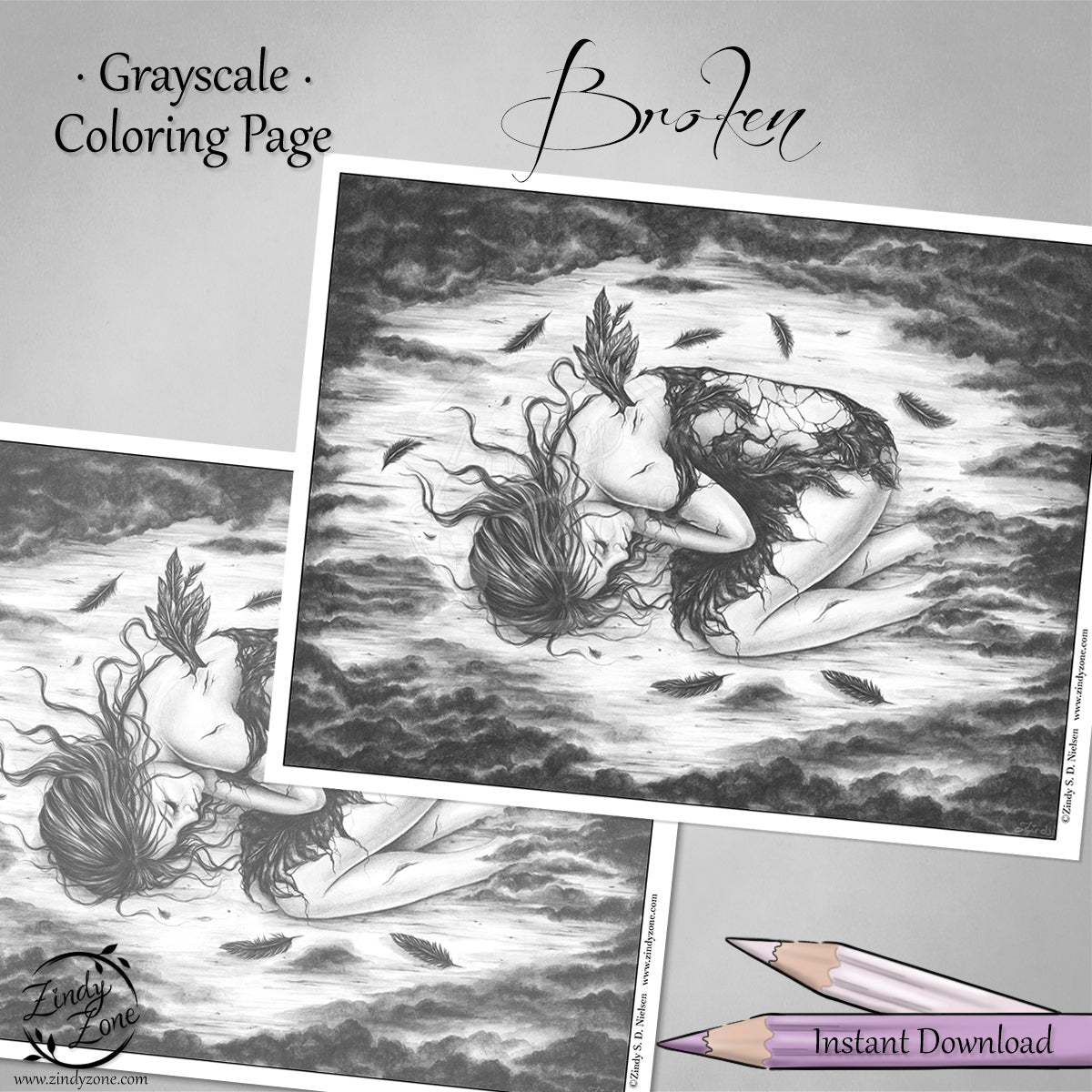 Broken Angel Grayscale Coloring Page