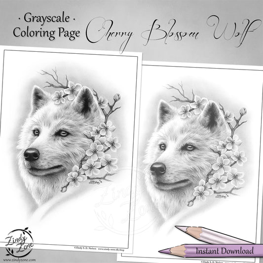 Cherry Blossom Wolf Grayscale Coloring Page