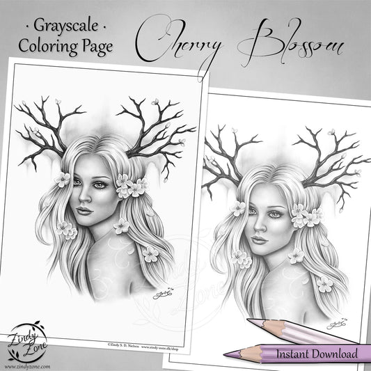 Cherry Blossoming Grayscale Coloring Page