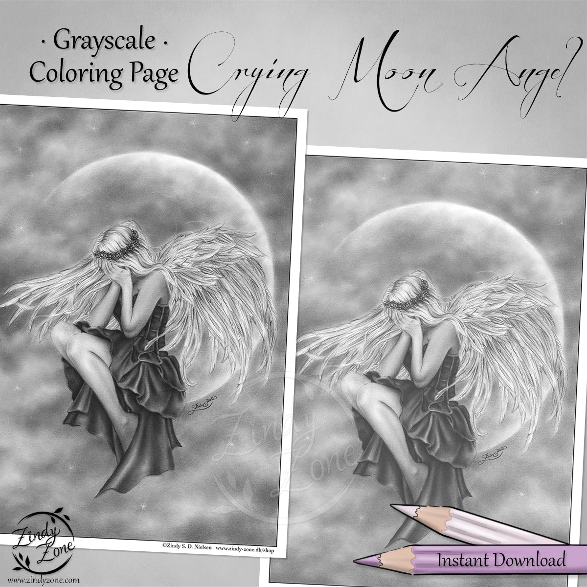 Crying Moon Angel Grayscale Coloring Page