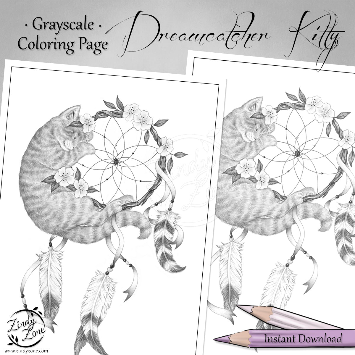 Dreamcatcher Kitty Grayscale Coloring Page