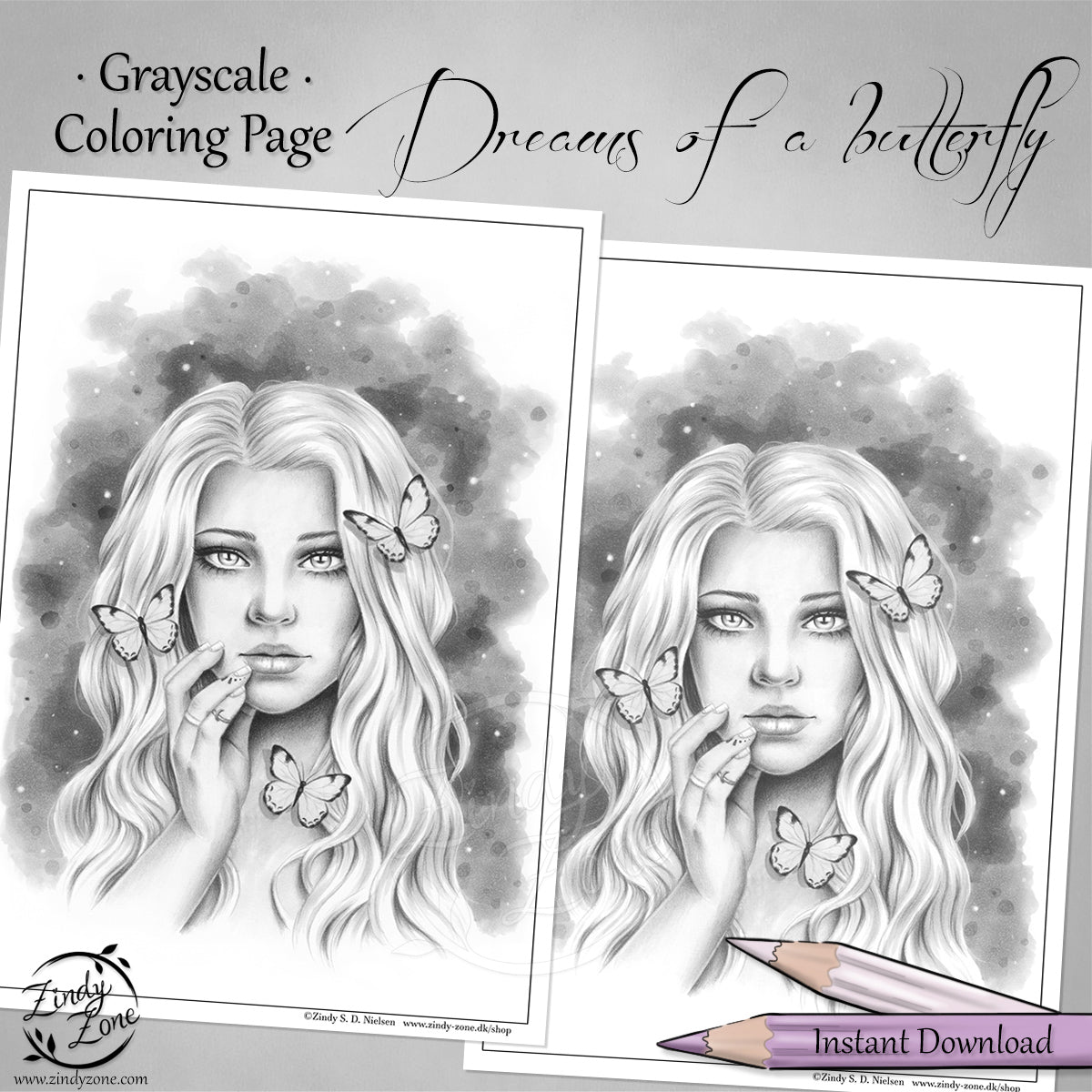 Dreams of a butterfly Grayscale Coloring Page