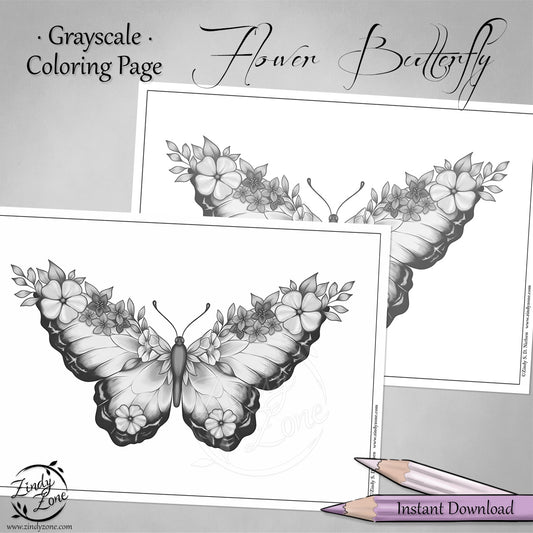 Flower Butterfly Summer Grayscale Coloring Page