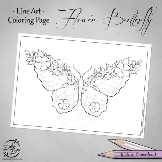 Flower Butterfly Summer Line Art Coloring Page