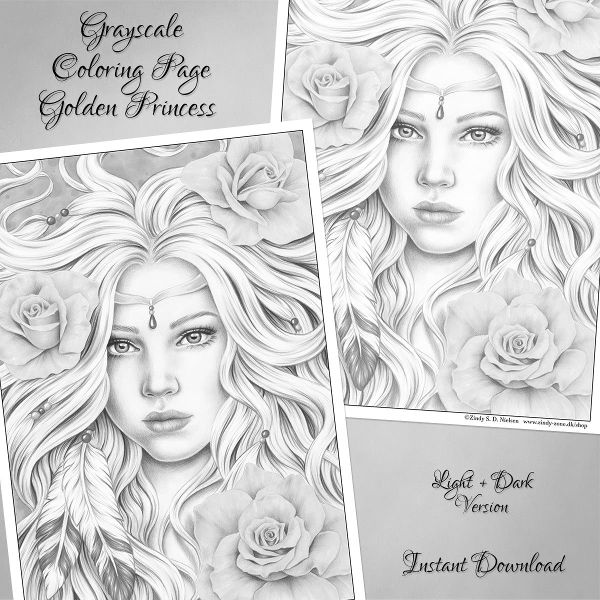 Golden Princess Grayscale Coloring Page