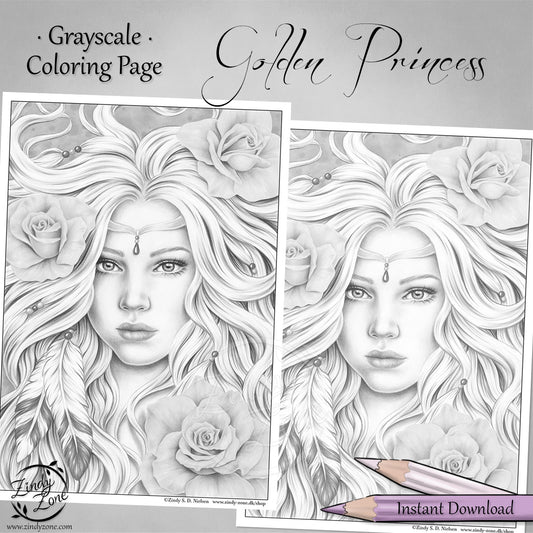 Golden Princess Grayscale Coloring Page