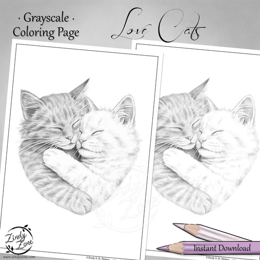 Love Cats Grayscale Coloring Page
