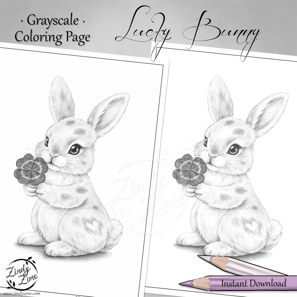 Lucky Bunny Grayscale Coloring Page