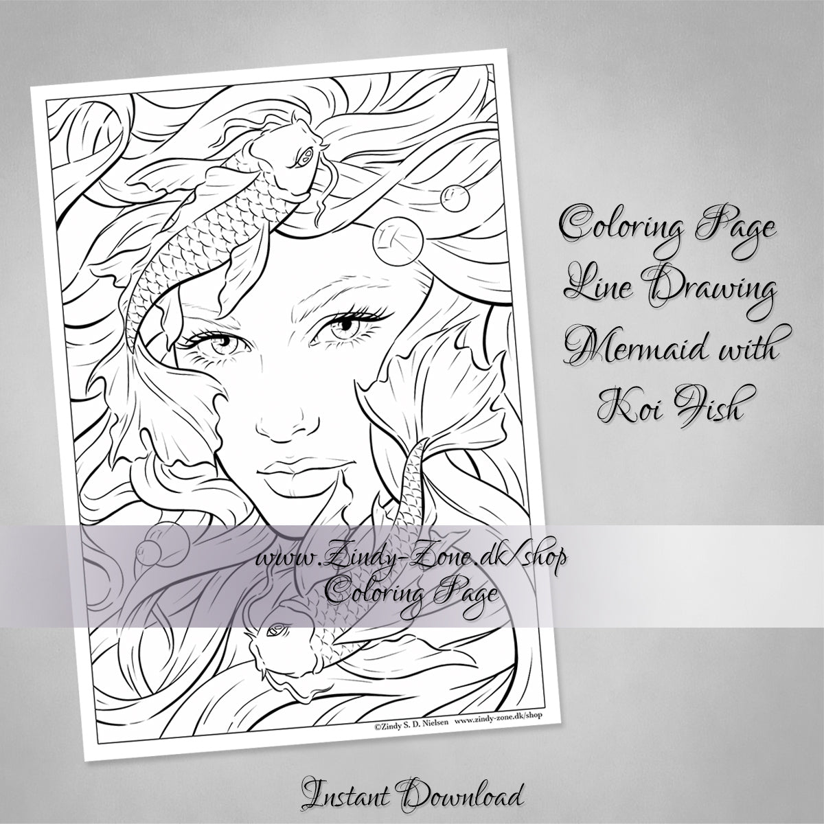 Mermaid Koi Fish Line Art Coloring Page