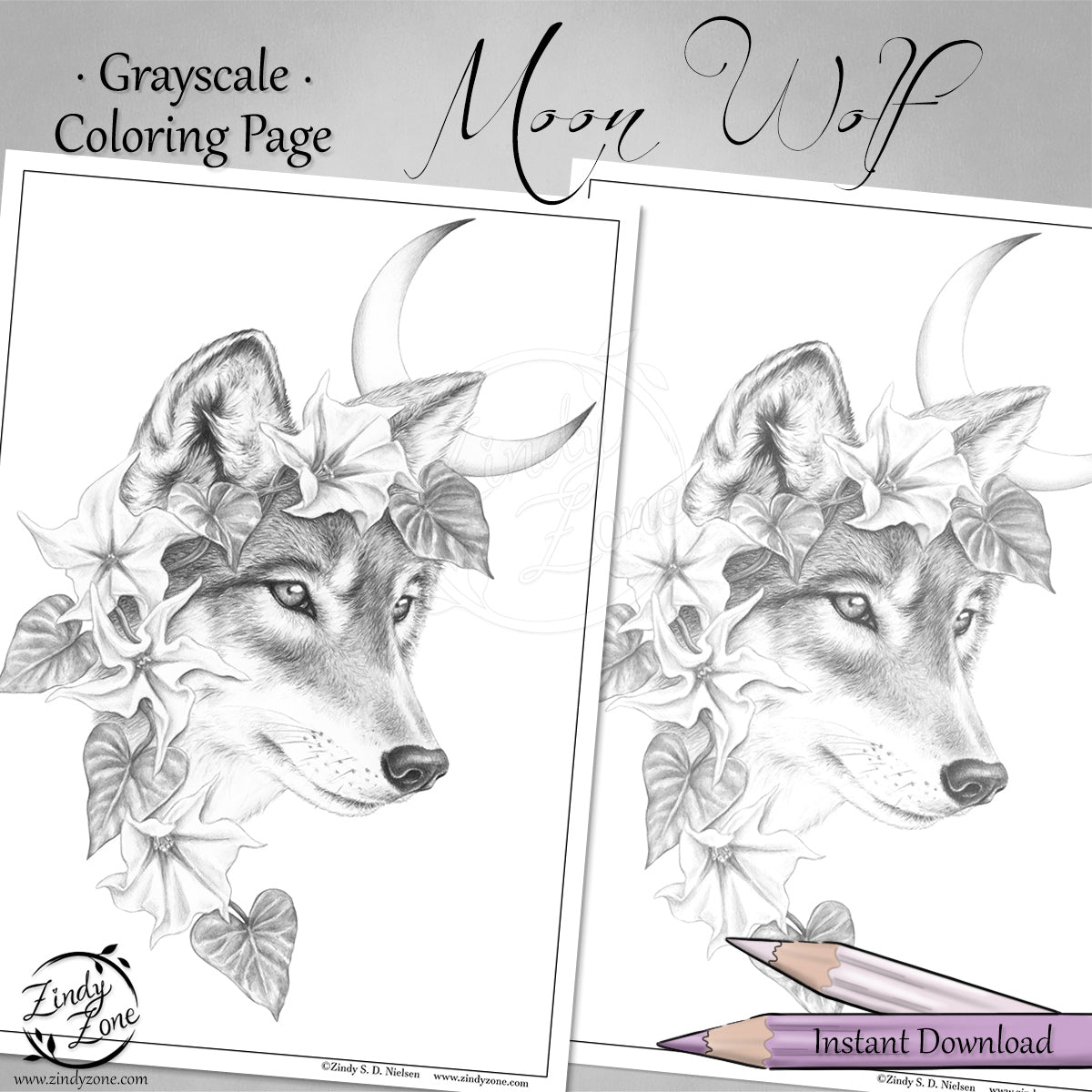 Moon Wolf Grayscale Coloring Page