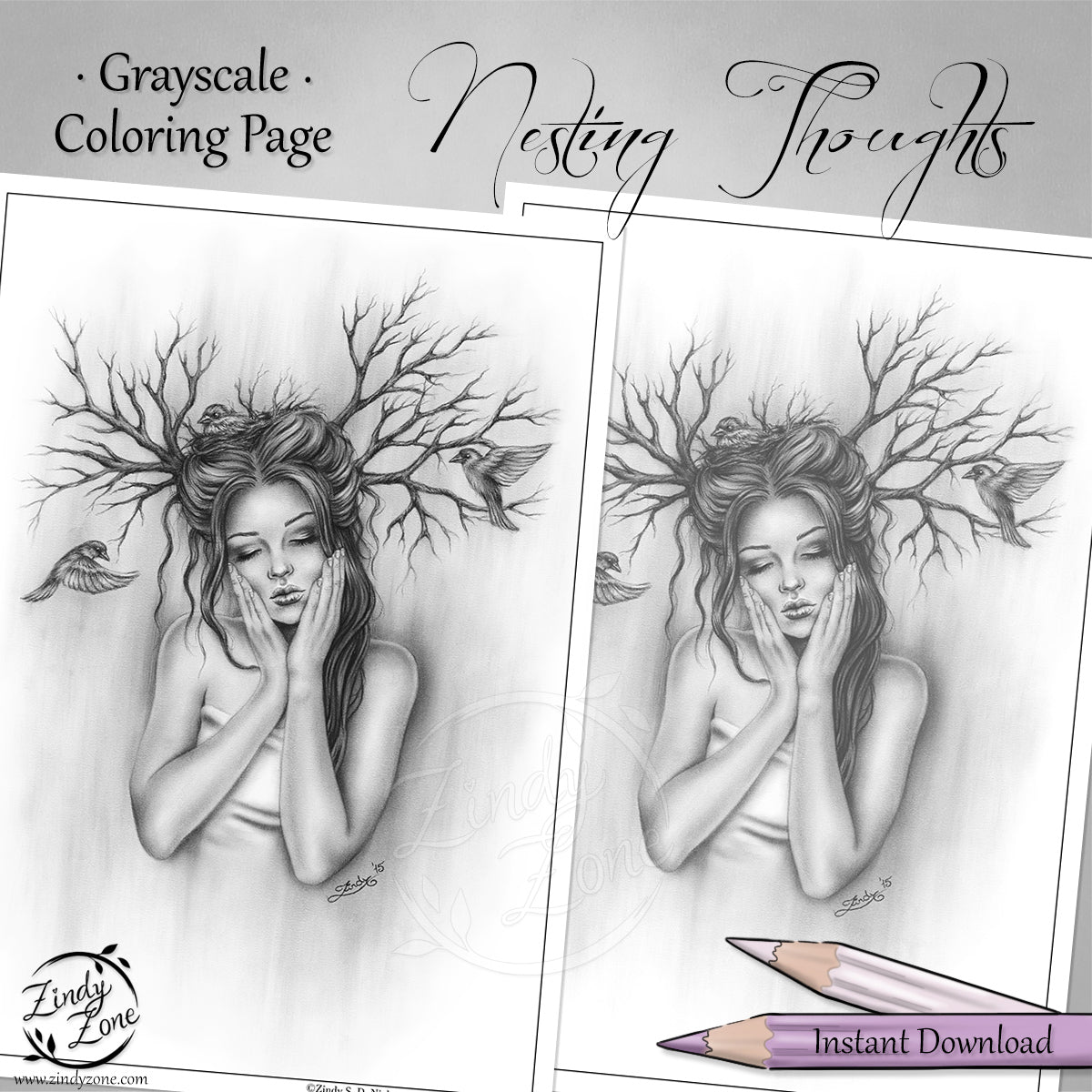 Nesting Thoughts Grayscale Coloring Page