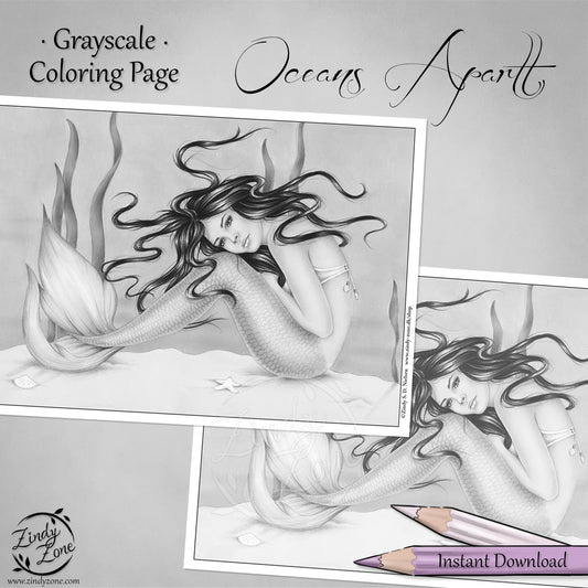 Oceans Apart Mermaid Grayscale Coloring Page