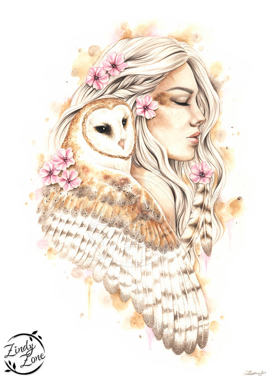 Owl in blossom Art Print