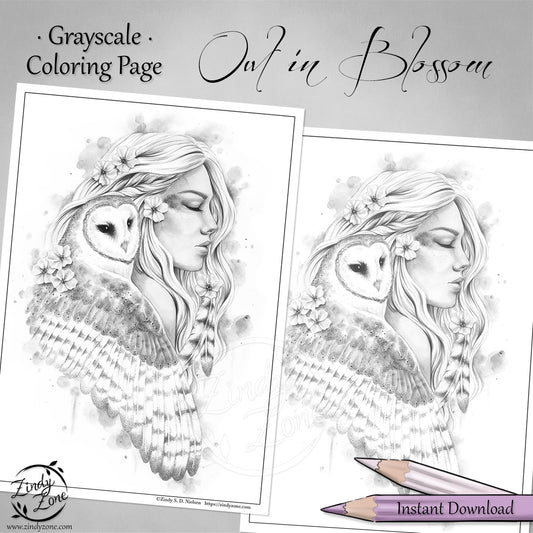 Owl in blossom Grayscale Coloring Page