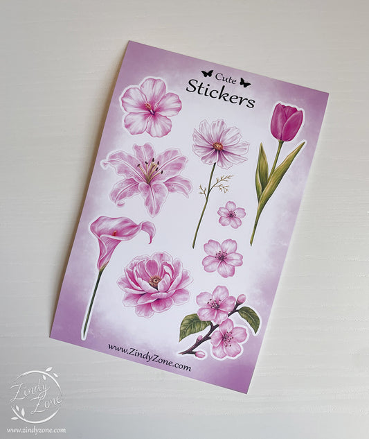 Pink Flowers Stickers Sheet - Matte