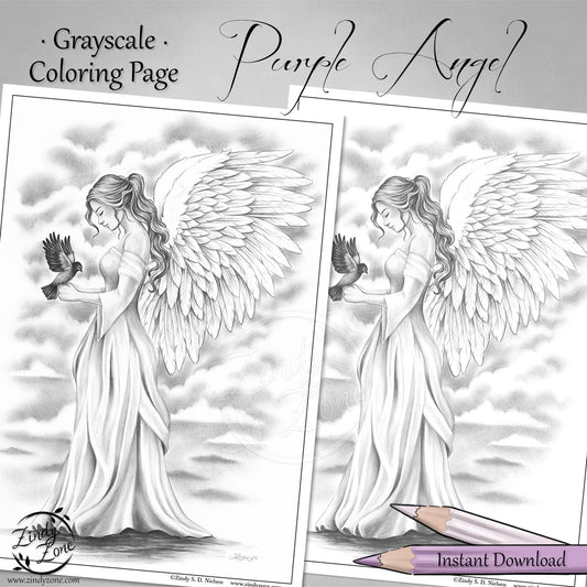 Purple Angel Grayscale Coloring Page