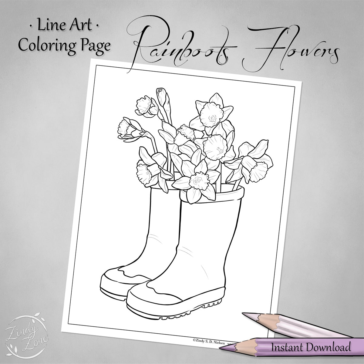 FREE Rainboots Flowers Line Art Coloring Page