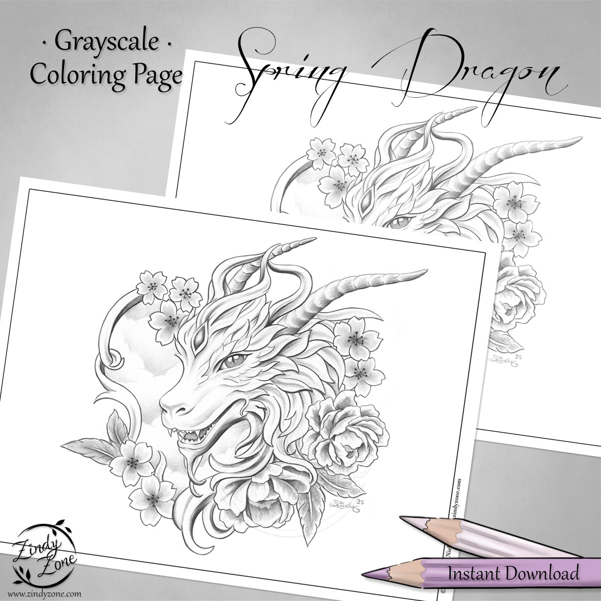 Spring Dragon Grayscale Coloring Page